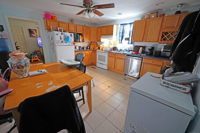 kitchen with white appliances, crown molding, light tile patterned floors, ceiling fan, and sink