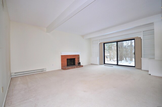 unfurnished living room with a baseboard radiator, light carpet, a fireplace, and beam ceiling