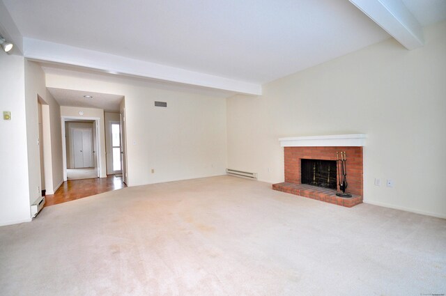 unfurnished living room featuring beamed ceiling, a brick fireplace, baseboard heating, and carpet