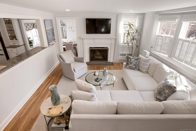 living room with a healthy amount of sunlight, light wood-type flooring, a high end fireplace, and radiator heating unit