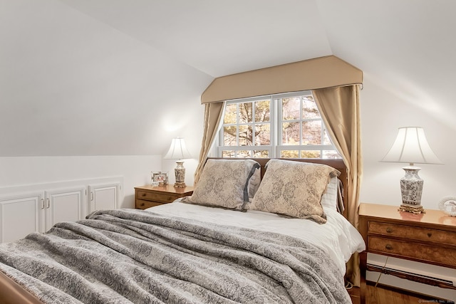 bedroom with lofted ceiling and hardwood / wood-style flooring