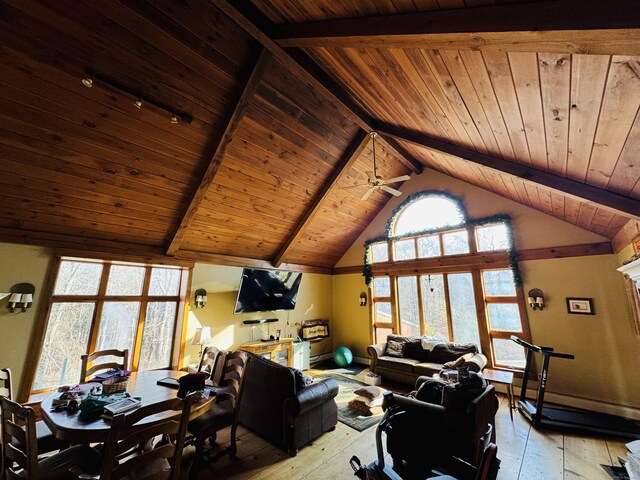 living room with lofted ceiling with beams, ceiling fan, and wood ceiling