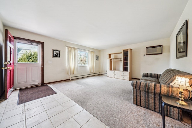 living room featuring light carpet, a baseboard radiator, and an AC wall unit