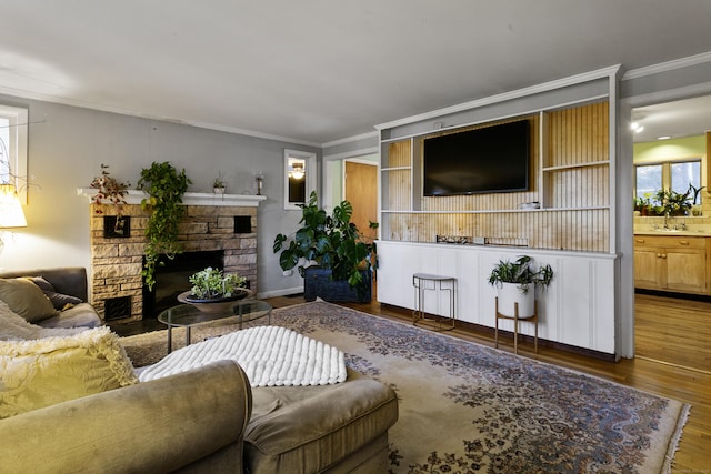 living room with ornamental molding, a fireplace, wood-type flooring, and sink