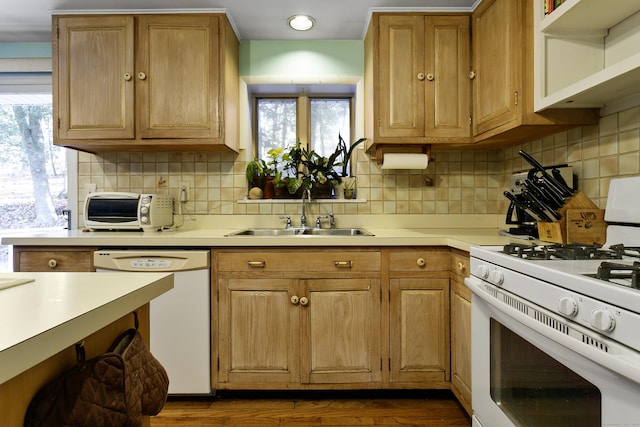 kitchen featuring backsplash, dark hardwood / wood-style floors, sink, and white appliances