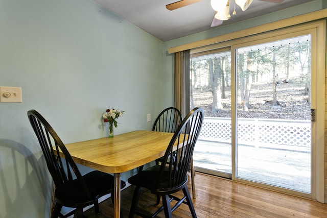 dining space featuring ceiling fan and light hardwood / wood-style flooring