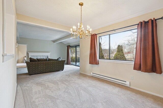 unfurnished bedroom with lofted ceiling with beams, a baseboard heating unit, light carpet, and a chandelier