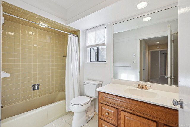 full bathroom with shower / bath combination with curtain, tile patterned floors, toilet, and vanity