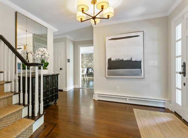 foyer entrance featuring a baseboard radiator, a chandelier, crown molding, and dark hardwood / wood-style floors