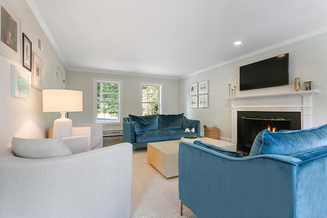 living room with ornamental molding and a baseboard heating unit