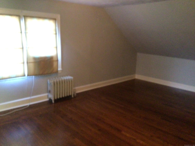 additional living space featuring vaulted ceiling, radiator, and dark wood-type flooring