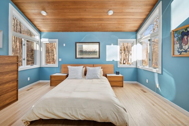 bedroom with multiple windows, light hardwood / wood-style floors, and wood ceiling