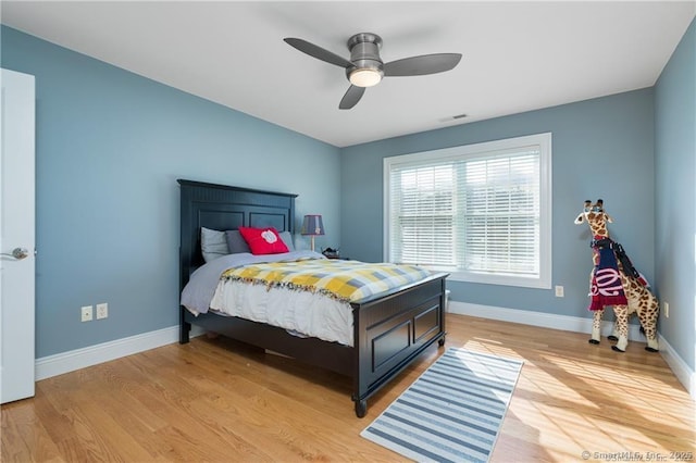 bedroom with ceiling fan and light hardwood / wood-style floors