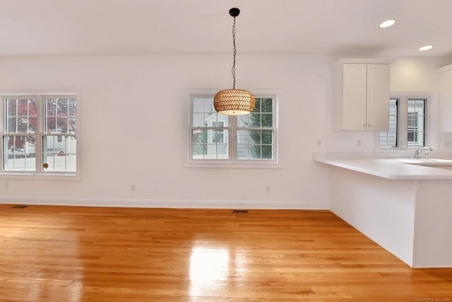 unfurnished dining area with a healthy amount of sunlight, sink, and light hardwood / wood-style floors