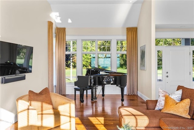 living area with vaulted ceiling and dark hardwood / wood-style floors