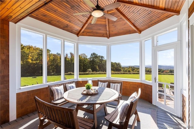 sunroom with ceiling fan, wood ceiling, and lofted ceiling with beams