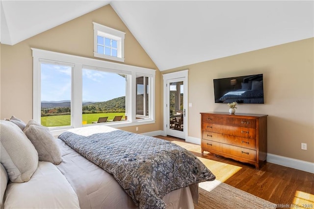 bedroom featuring lofted ceiling, access to exterior, multiple windows, and hardwood / wood-style floors