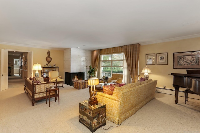 carpeted living room featuring crown molding and a large fireplace