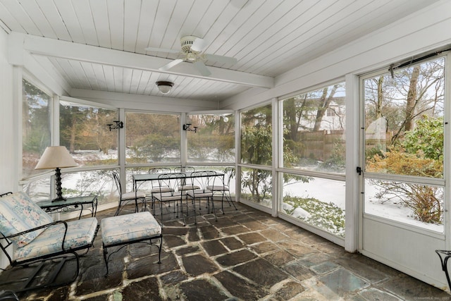 sunroom featuring beam ceiling, a wealth of natural light, wooden ceiling, and ceiling fan