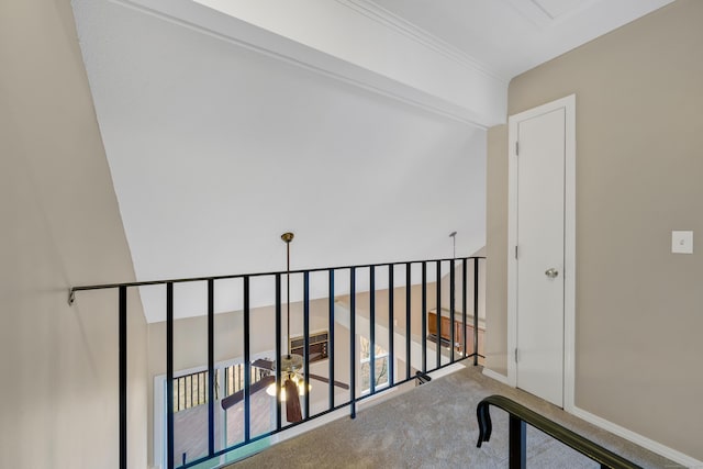 corridor featuring carpet flooring and ornamental molding