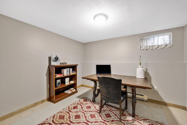 home office with a baseboard heating unit