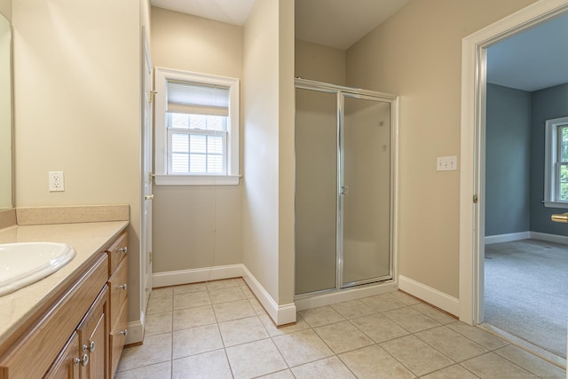 full bath with tile patterned floors, vanity, and a stall shower