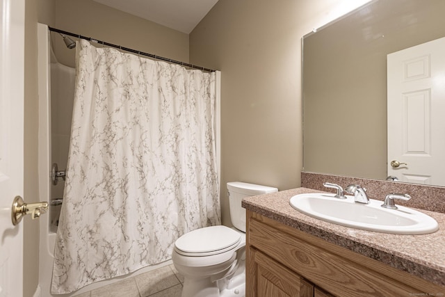 bathroom with shower / bath combination with curtain, toilet, tile patterned flooring, and vanity