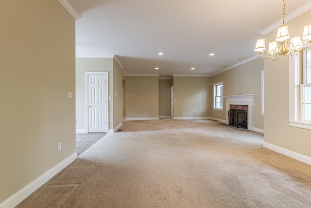 unfurnished living room with light colored carpet, crown molding, baseboards, and recessed lighting