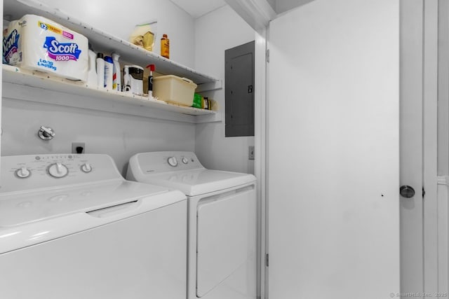 laundry area with electric panel and washer and clothes dryer