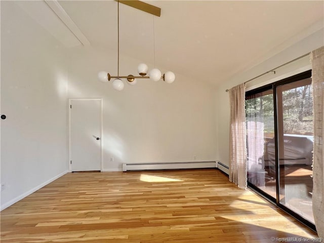 unfurnished dining area featuring high vaulted ceiling, light wood-type flooring, and a baseboard radiator