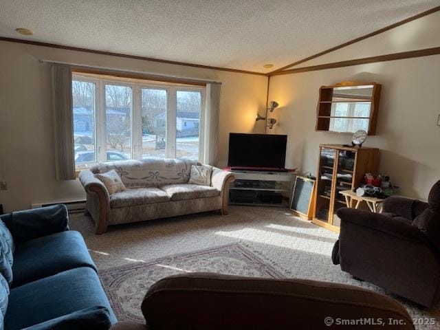 living room with vaulted ceiling, carpet flooring, a textured ceiling, and baseboard heating