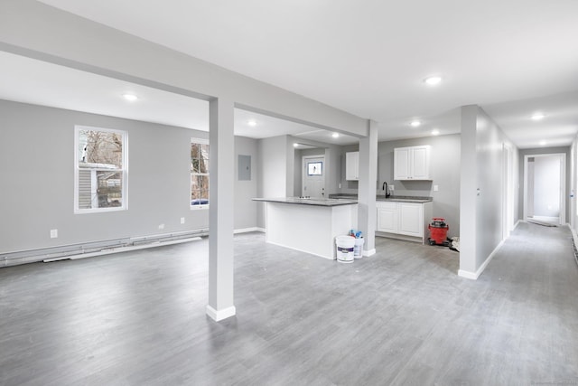 unfurnished living room with sink, baseboard heating, light hardwood / wood-style floors, and electric panel