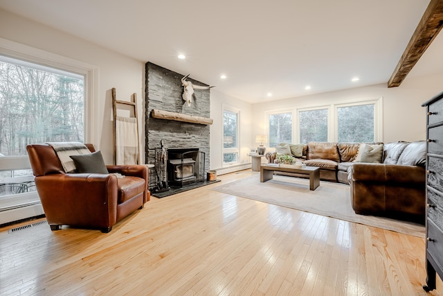 living room with baseboard heating, beamed ceiling, and light hardwood / wood-style flooring