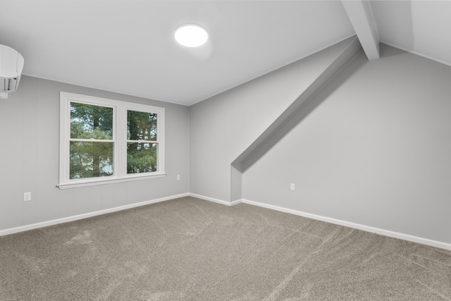 bonus room featuring a wall mounted air conditioner, carpet, and vaulted ceiling with beams