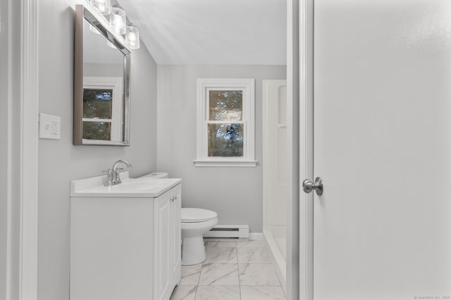 bathroom with a baseboard heating unit, vanity, and toilet