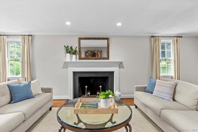 living room with crown molding and light hardwood / wood-style floors