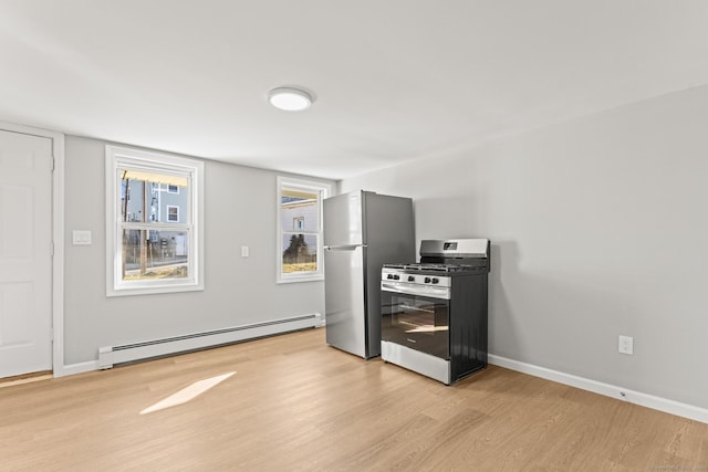 kitchen featuring appliances with stainless steel finishes, light hardwood / wood-style floors, and a baseboard radiator