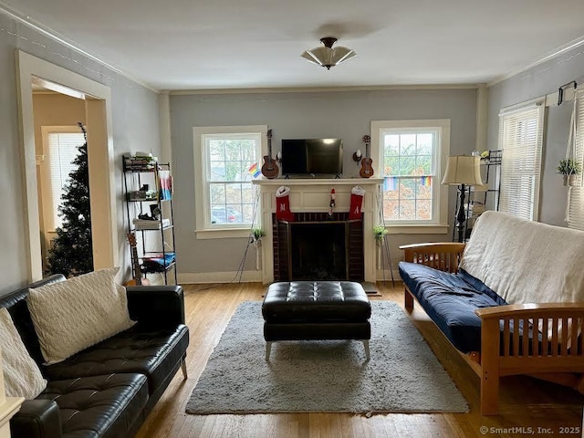 living room with a fireplace, a wealth of natural light, light hardwood / wood-style floors, and crown molding