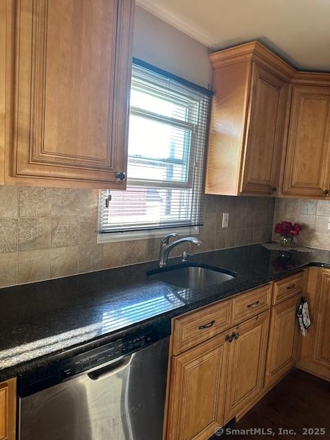 kitchen featuring stainless steel dishwasher, tasteful backsplash, dark stone counters, and sink