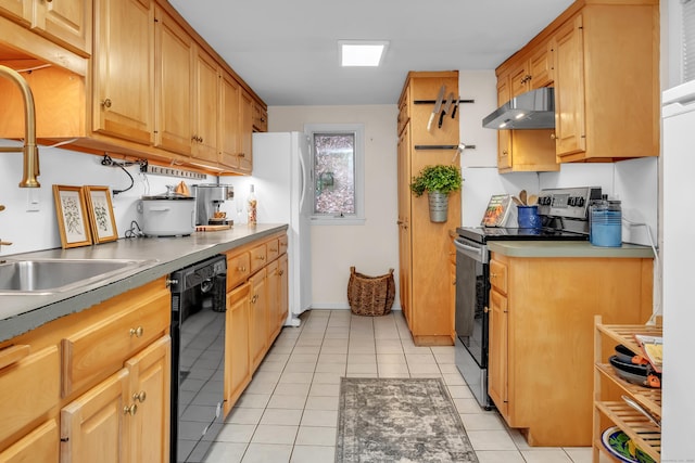 kitchen featuring light tile patterned floors, wall chimney range hood, black dishwasher, and stainless steel range with electric cooktop