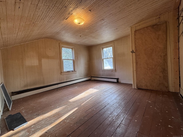 bonus room featuring vaulted ceiling, dark hardwood / wood-style floors, wood ceiling, and wooden walls