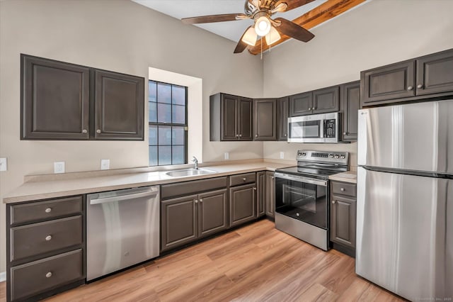 kitchen with light hardwood / wood-style flooring, stainless steel appliances, beam ceiling, ceiling fan, and sink