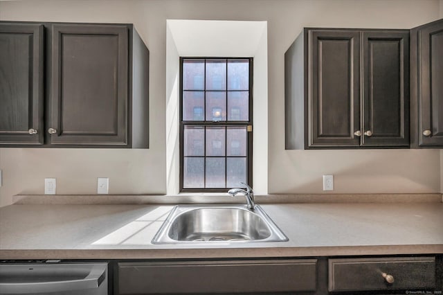 kitchen with stainless steel dishwasher, dark brown cabinets, and sink