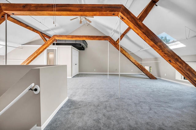 bonus room featuring high vaulted ceiling, ceiling fan, carpet, and beamed ceiling