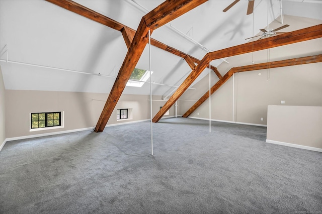 additional living space with high vaulted ceiling, carpet flooring, ceiling fan, and beamed ceiling