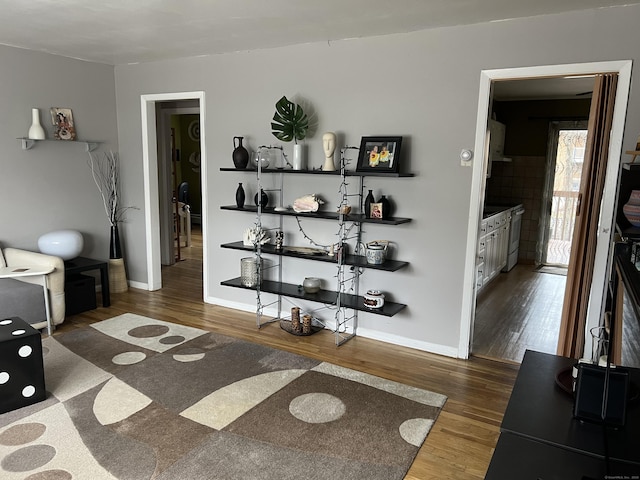 living room featuring dark wood-type flooring