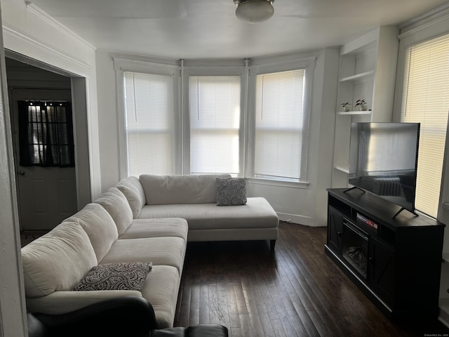 living room featuring dark wood-type flooring, crown molding, and built in shelves