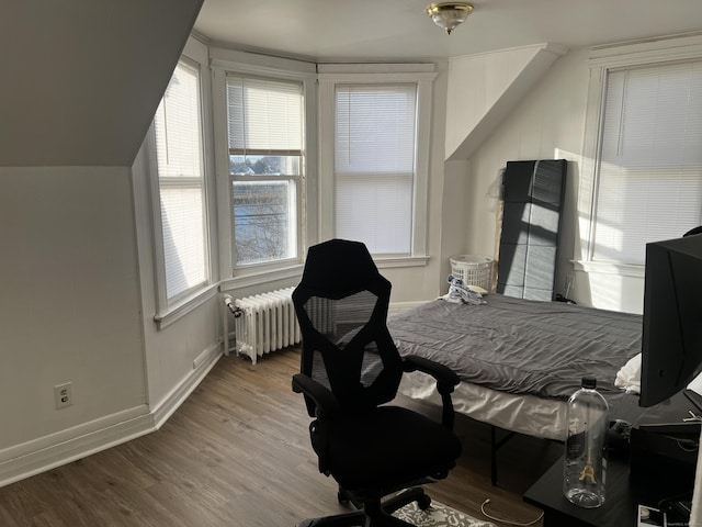 bedroom with radiator and hardwood / wood-style flooring