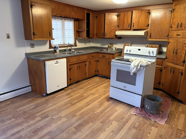 kitchen with a baseboard heating unit, sink, light hardwood / wood-style flooring, and white appliances