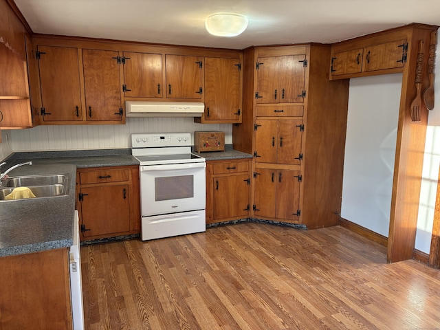 kitchen featuring a sink, under cabinet range hood, brown cabinetry, and electric stove